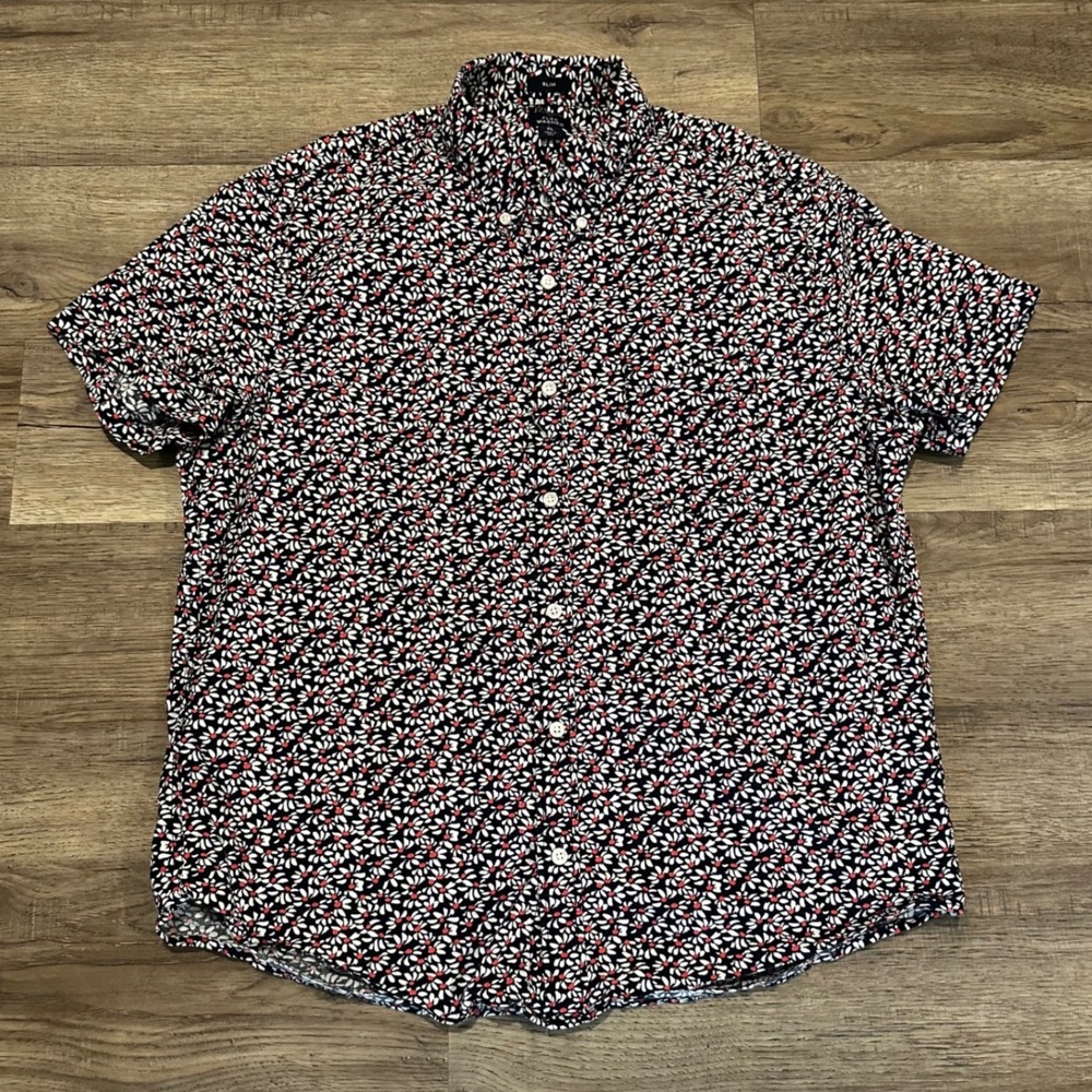 J.Crew Mens XL Slim Flex Washed Short Sleeve Floral Daisy Shirt Navy AO561